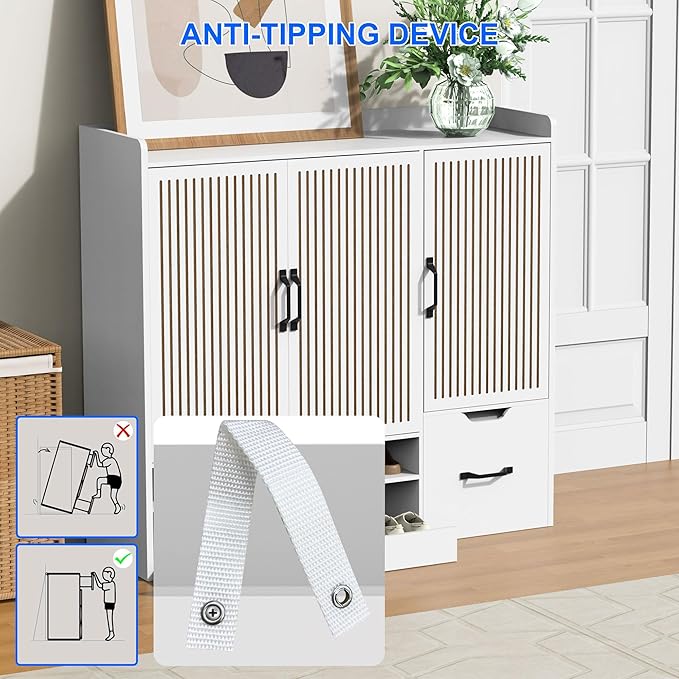 Shoes Storage Cabinet with 3 Doors, Fluted Shoe Cabinet with LED Light - Image 8