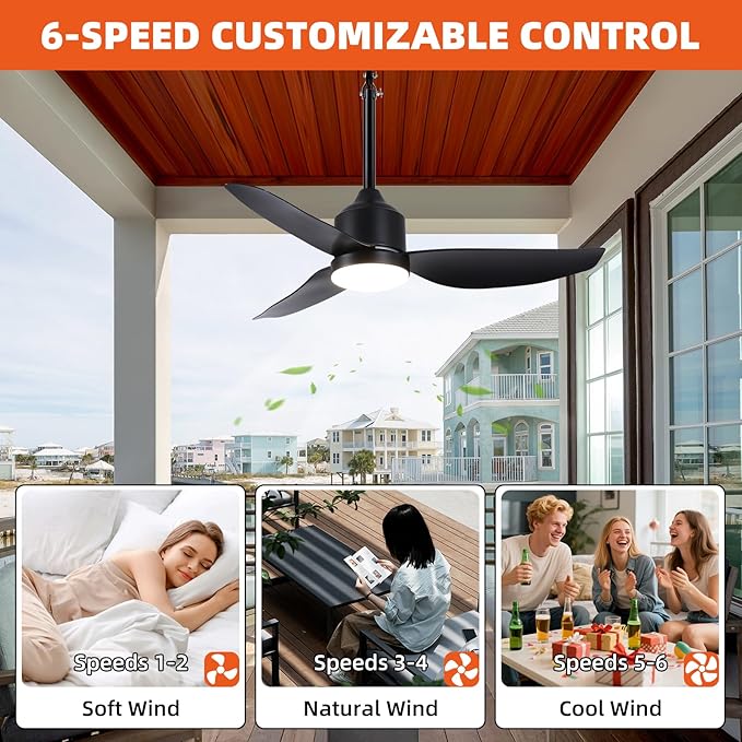 Outdoor Ceiling Fan with Light, 42 Inch Black Waterproof Outdoor Patio Fan with - Image 7