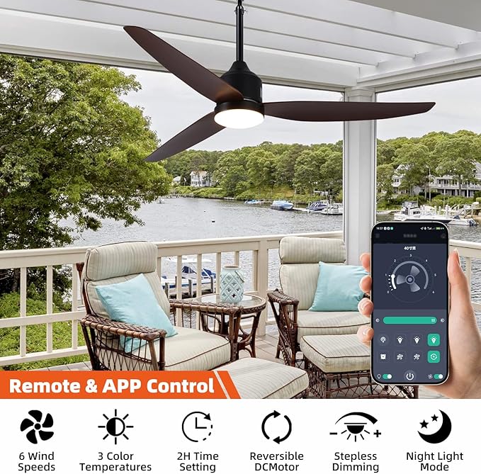 Outdoor Ceiling Fan with Light, 52 Inch Walnut Waterproof Outdoor Patio Fan - Image 3