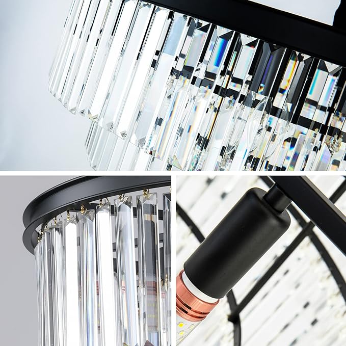 Black Modern Crystal Chandelier, 3-Tier Round Flush Mount Ceiling Light - Image 4