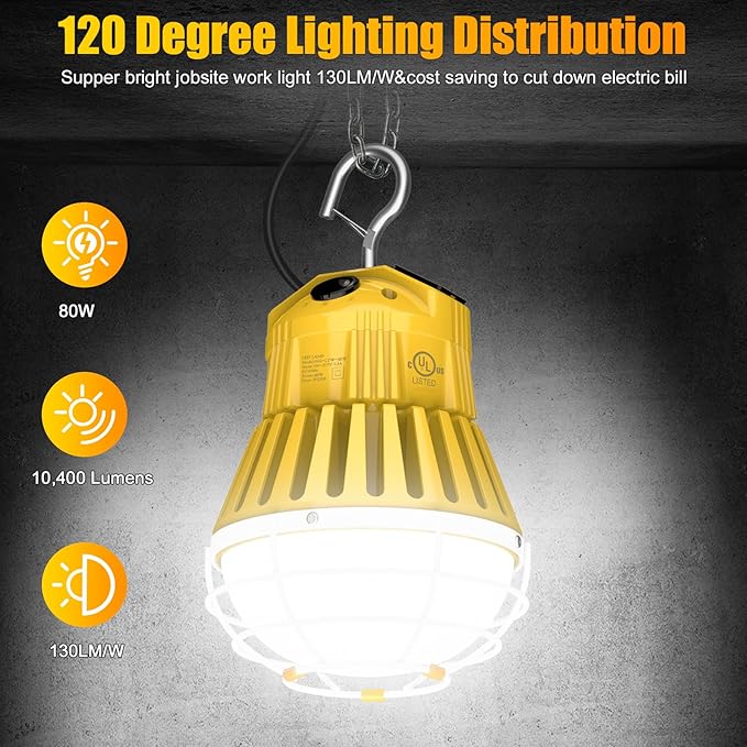 LED Temporary Work Light 80W, 10400LM 5000K Portable Hanging Construction Light - Image 2
