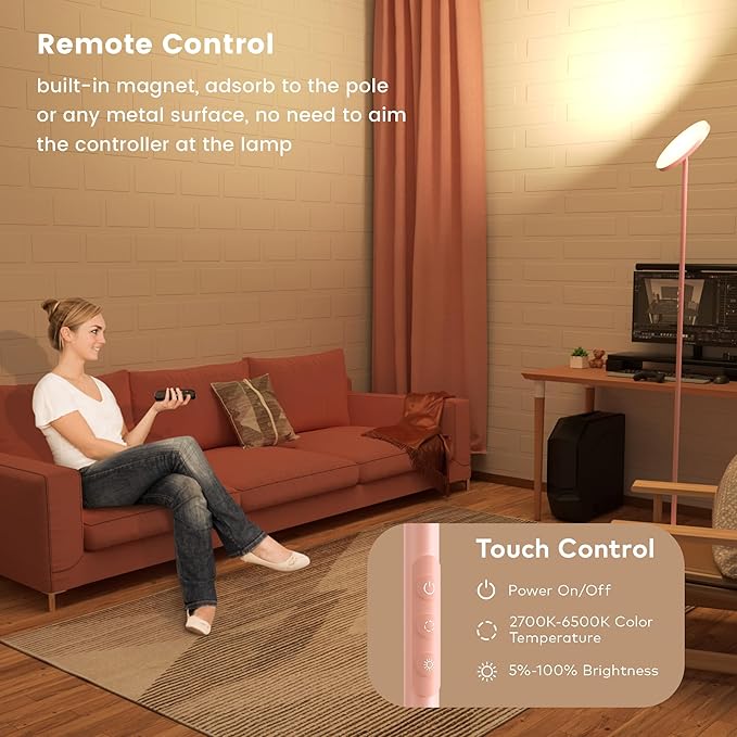 Pink Dimmable Floor Lamp, Bright 36W 3500LM Standing Lamp - Image 3
