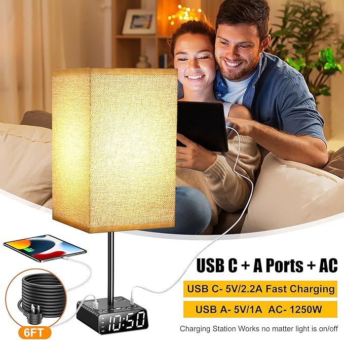 Yostyle Table Lamp with Alarm Clock Base, Bedside Lamp, 2 USB & 1 AC Power - Image 3