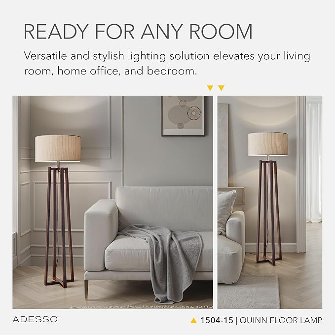 Adesso Floor Lamp with Walnut Birch Wood & Natural Linen Lampshade - Image 3