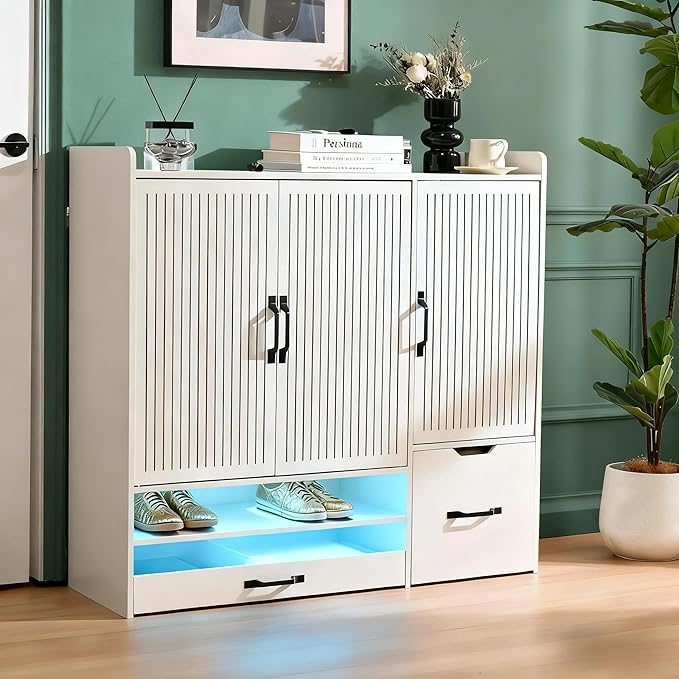Shoes Storage Cabinet with 3 Doors, Fluted Shoe Cabinet with LED Light by Banhuiey