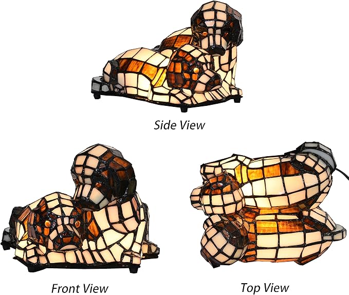 Bieye L10772 Dogs in Love Tiffany Style Stained Glass Accent Table Lamp Night - Image 2