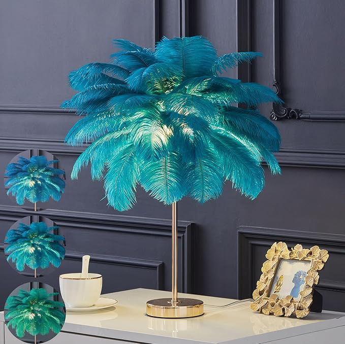 White Ostrich Feather Lamp, 3-Color Temperature Modes, 40 Feathers and 5 G4 LED by LINCWONZ