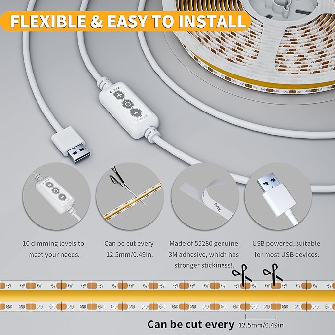 PAUTIX LED Strip Light 5V USB 6.56ft/2m 2700K, 640LEDs 1200lm Dimmable COB LED - Image 6