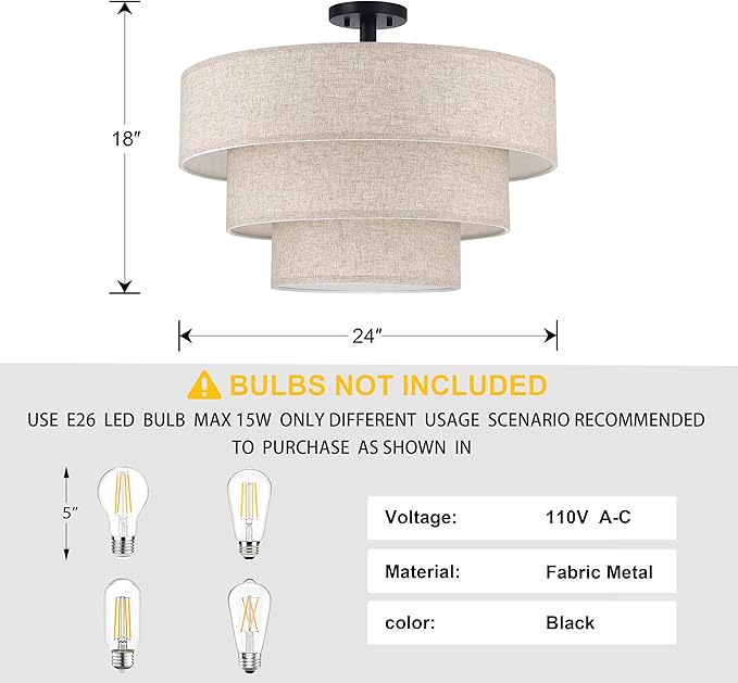 Doraimi Lighting 3 Tier Milky Apricot Linen Drum Fabric Semi Flush Mount Light - Image 2