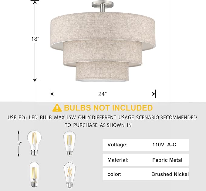 Doraimi Lighting 3 Tier Milky Apricot Linen Drum Fabric Semi Flush Mount Light - Image 2