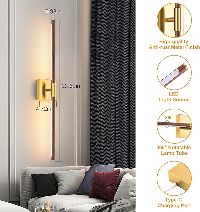 40″ Walnut Battery Operated Wall Sconces, Dimmable Wall Sconce - Image 6