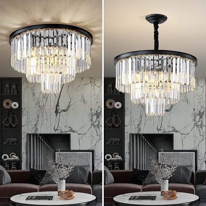 Black Modern Crystal Chandelier, 3-Tier Round Flush Mount Ceiling Light - Image 2