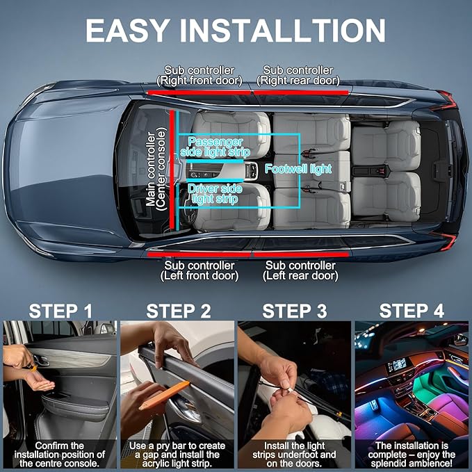 Dreamcolor Acrylic Interior Car LED Strip Lights, 6 in 1 Ambient Lighting Kit - Image 5