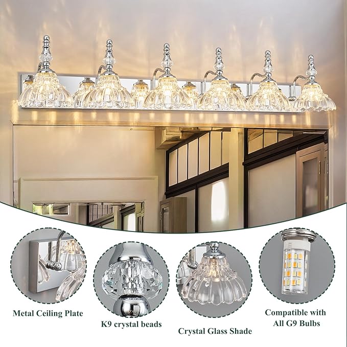 Vintage Bathroom Vanity Light, 6-Light Chrome Vanity Lighting Fixture - Image 3