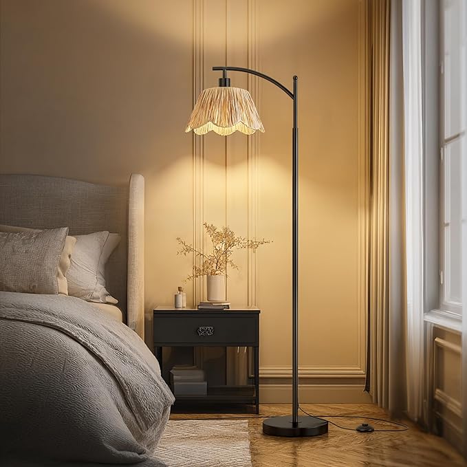 Oneach Arc Floor Lamp for Living Room, Rattan Boho Floor Lamp - Image 4