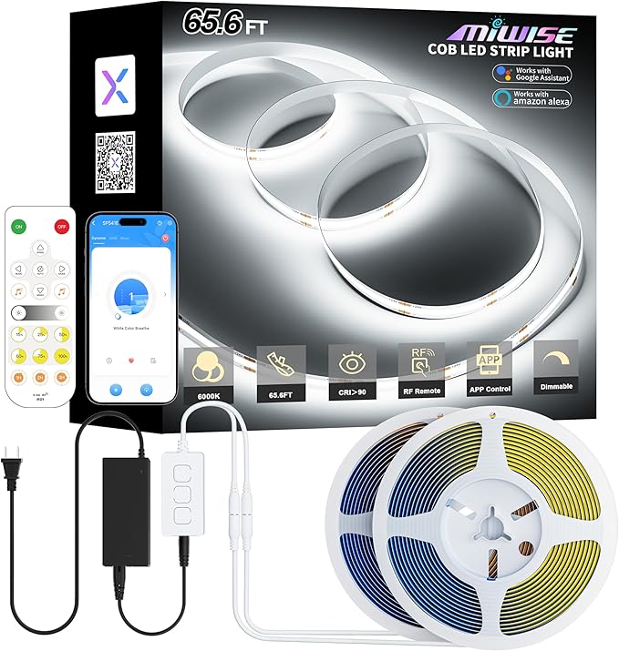 MIWISE COB LED Strip Lights 65.6ft/20m, UL-Listed CRI 90+ Dimmable 6000K by MIWISE