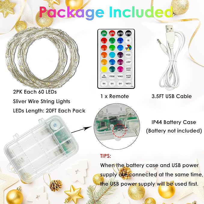 2 Pack Christmas Fairy Lights Battery Operated, 20FT 60LED RGB Color Changing - Image 3