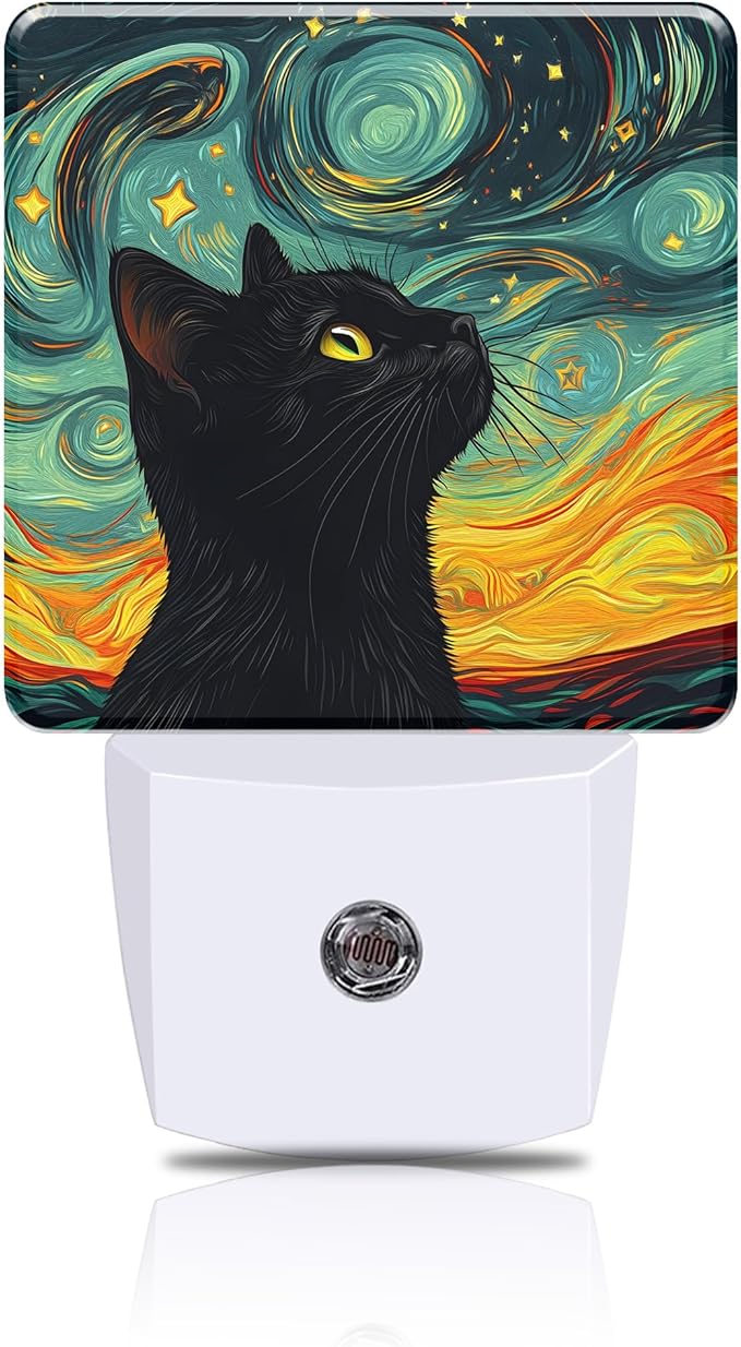 Starry Night Night Light Black Cat Watching Stars Night Lights Plug into Wall by FOISIIAEA