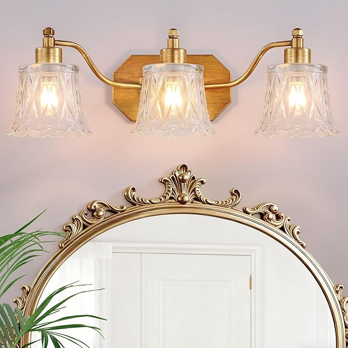 Vintage Bathroom Light Fixtures, 3-Light Gold Vanity Light, Antique Brass Finish by Unknown