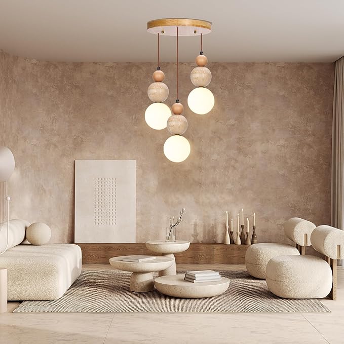 Wabi Sabi Pendant Light, 3-Light Travertine Stone Fixture-Japandi Japanese - Image 7
