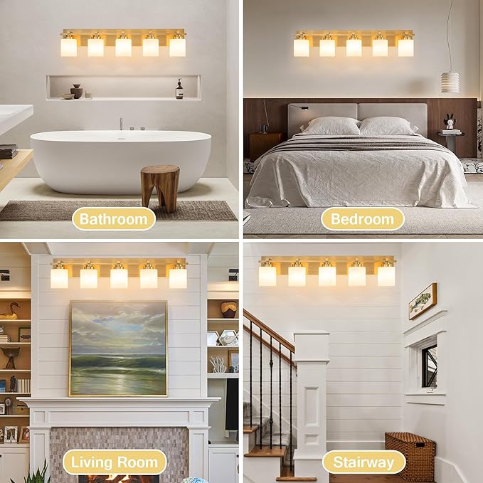5 Light Modern Bathroom Light Fixtures Over Mirror, Brass Finish Vanity Lights - Image 6