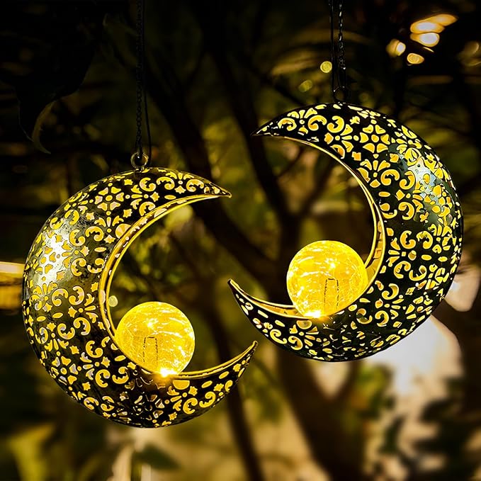 Solar Garden Hanging Moon Lights Outdoor Decor, 2 Pack Metal Lanterns Art - Image 2
