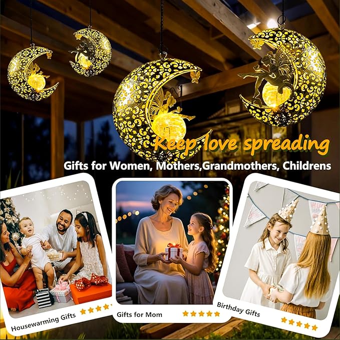 Solar Garden Fairy Statues Decor Hanging Lights, Outdoor Moon Decorations Metal - Image 7