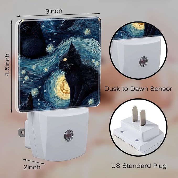 Starry Night Black Cat Night Light Plug into Wall, Abstract Oil Painting Cat - Image 2