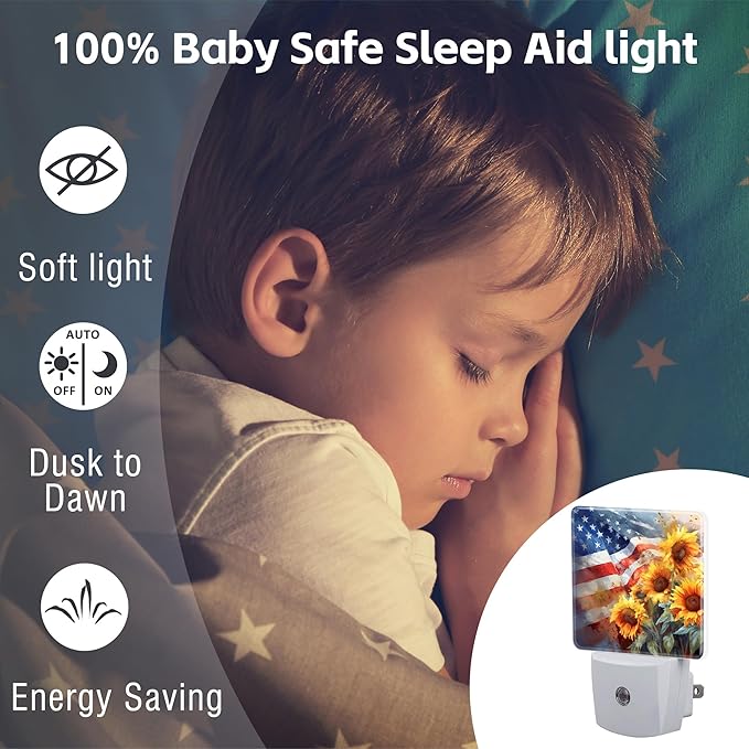 American Flag with Sunflowers Night Light Plug into Wall, Watercolor USA Flag - Image 5