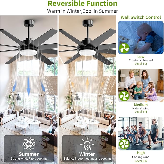 72 Inch Ceiling Fans with Lights and Remote APP Control, Outdoor Indoor Black - Image 3