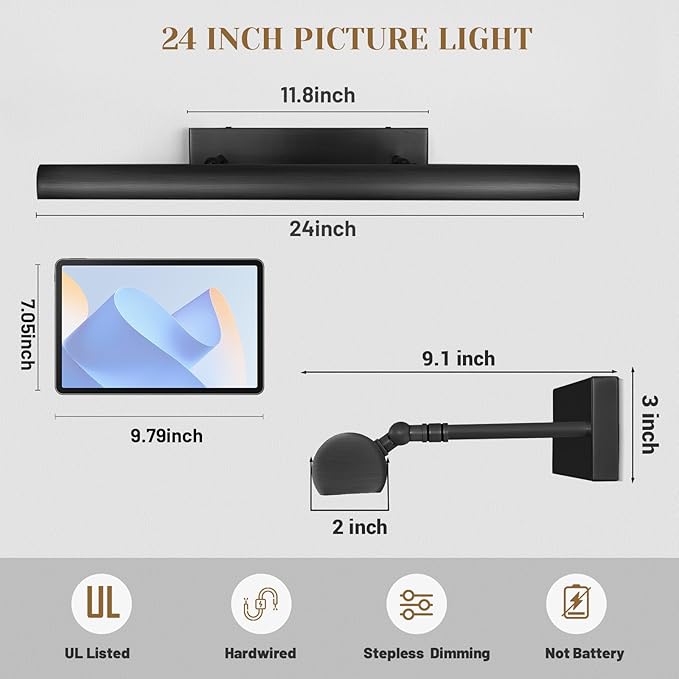 Matte Black Picture Lights for Wall, 3-Light Bronze Gallery Light, Warm White - Image 3
