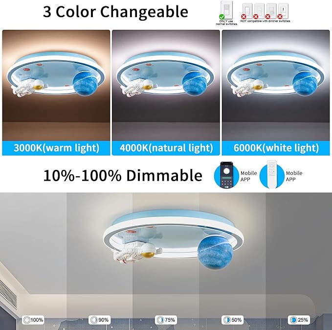 Astronaut Ceiling Light Fixture 20" Dimmable Kids Flush Mount Ceiling Lights - Image 4