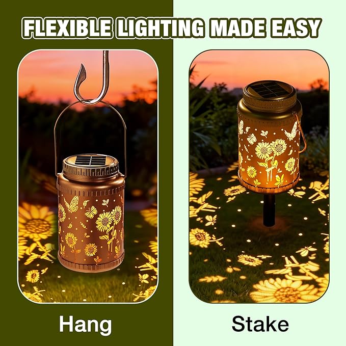Cooo 4 Pack Solar Lanterns Outdoor Waterproof Sunflower Butterfly Solar Pathway - Image 3
