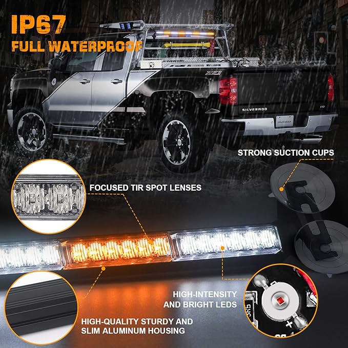 XRIDONSEN 35 inch Traffic Advisor Light Bar 48 LED Strobe Lights Amber White - Image 3