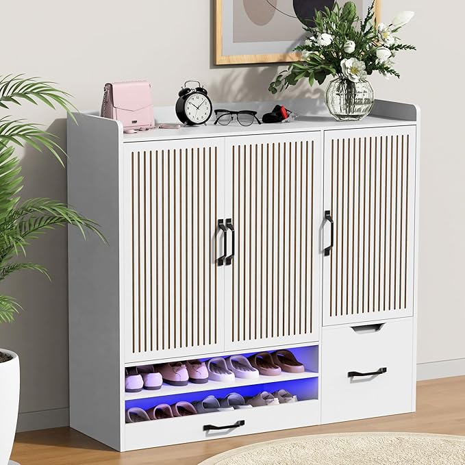 Shoes Storage Cabinet with 3 Doors, Fluted Shoe Cabinet with LED Light - Image 9