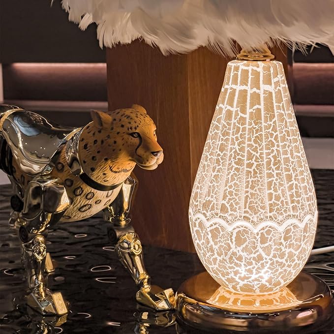 Feather Table Lamp with Cracked Ice Glass Bottle & Gold Base, 2 Separate Lights - Image 8