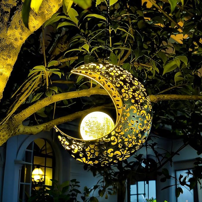 Solar Garden Hanging Moon Lights Outdoor Decor, Metal Lanterns Art Decorations by QCF