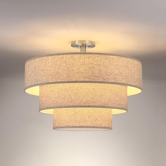 Doraimi Lighting 3 Tier Milky Apricot Linen Drum Fabric Semi Flush Mount Light by DoraimiLighting