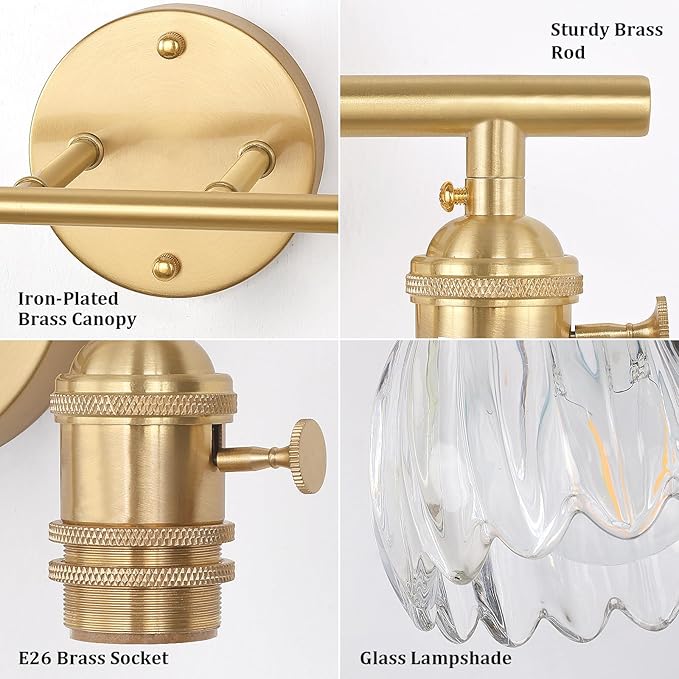 Bathroom Light Fixtures, 2-Light Brass Vanity Wall Light Over Mirror - Image 7