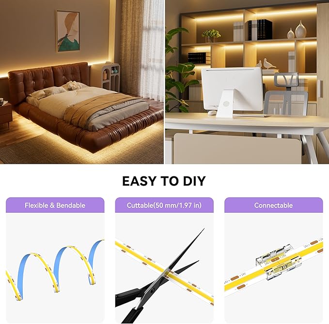 MIWISE COB LED Strip, 2700K Warm White 32.8ft/10m, Dimmable Super Bright 24V - Image 6