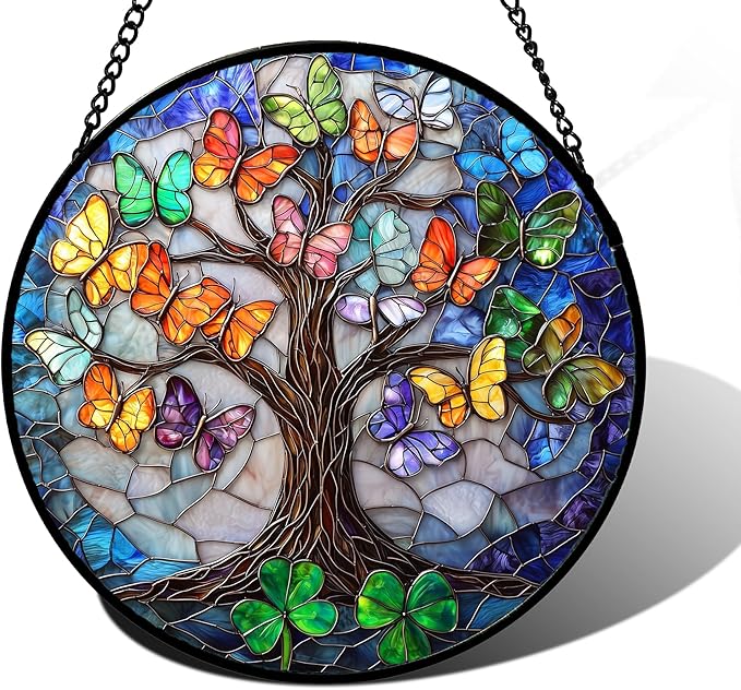 Stained Glass Window Hanging, Butterfly Tree Clover Sun Catchers Glass Panel by DASTOLL