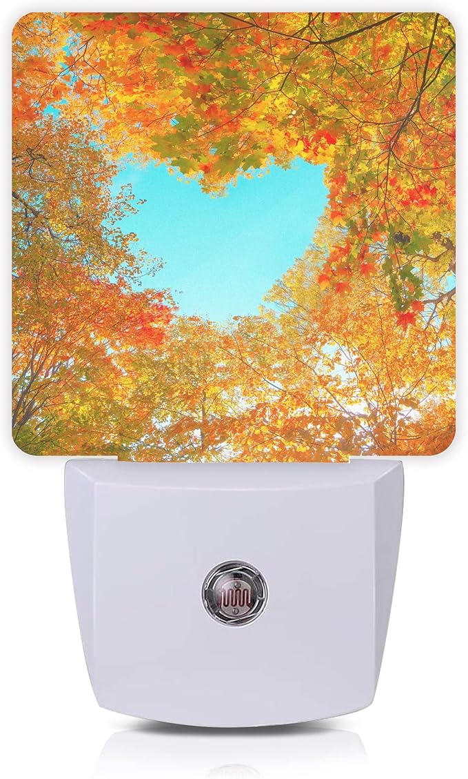 Blue Heart Sky Night Light, Autumn Red Maple Leaves Forest Trees Plug-in Night by Oeaskly