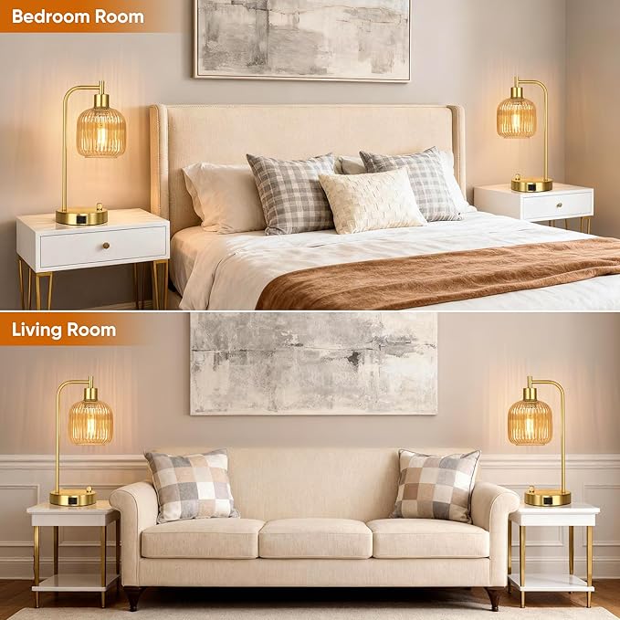 QiMH Industrial Table Lamp for Bedroom Set of 2, Champagne Glass Beside Lamp - Image 7