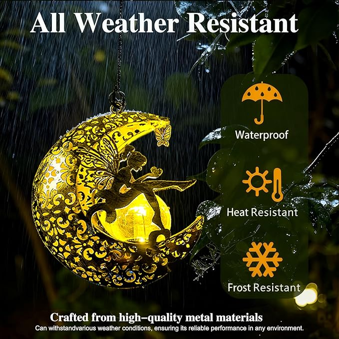Solar Garden Fairy Statues Decor Hanging Lights, Outdoor Moon Decorations Metal - Image 6