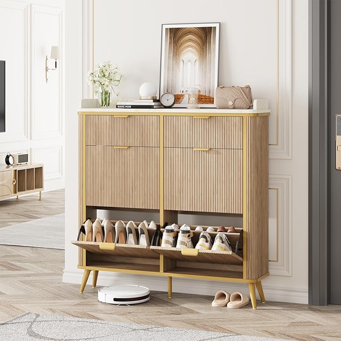 Fluted Shoe Cabinet Storage, Modern Slim Shoe Organizer Cabinet - Image 3
