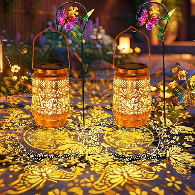 2 Pack Solar Lanterns Outdoor Butterfly Garden Decor, Christmas Gifts - Image 7