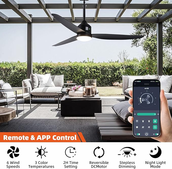 Outdoor Ceiling Fan with Light, 52 Inch Black Waterproof Plug in Ceiling Fan - Image 3