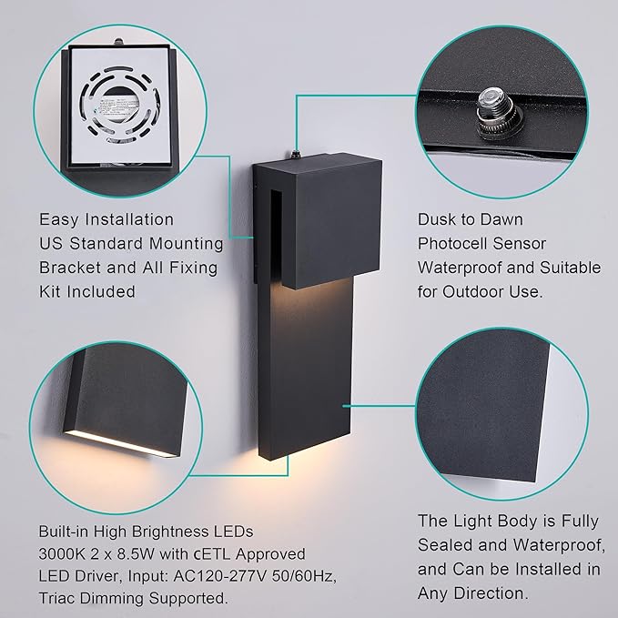 Dusk to Dawn Outdoor Wall Lights 2 Packs, Modern Minimalist Outdoor Fixture - Image 8