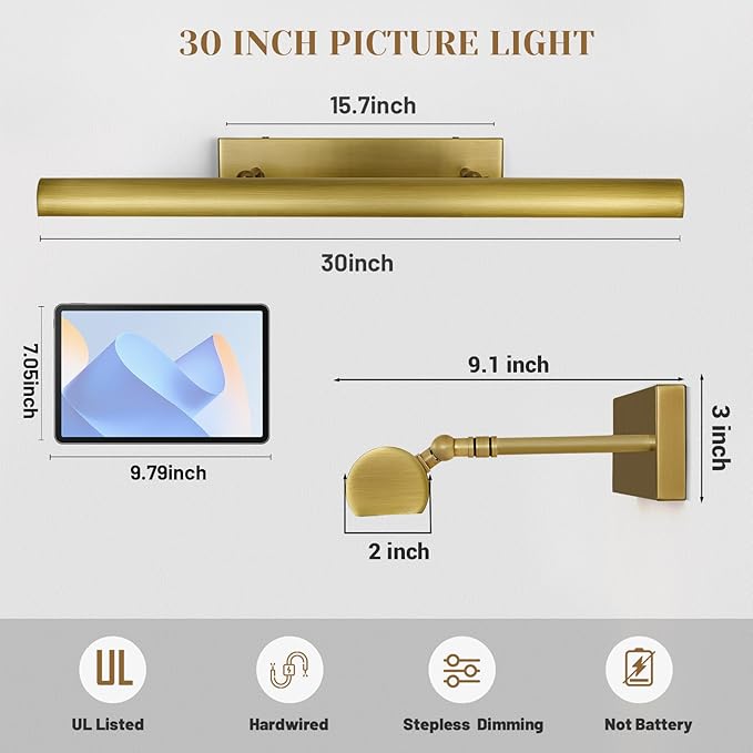 Brass Picture Lights for Wall, 4-Light Brush Gold Art Light, Dimmable Gallery - Image 4
