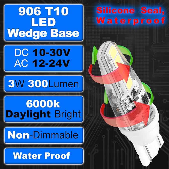 T10 Wedge Base 906 LED Marine Boat Light Bulb AC/DC 12V-24V 6000K Cool White - Image 2
